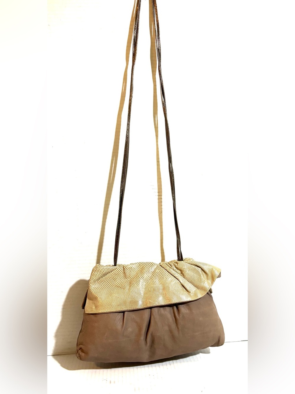 Textured vintage   leather & snake skin  Shoulder Bag with Long double  Strap